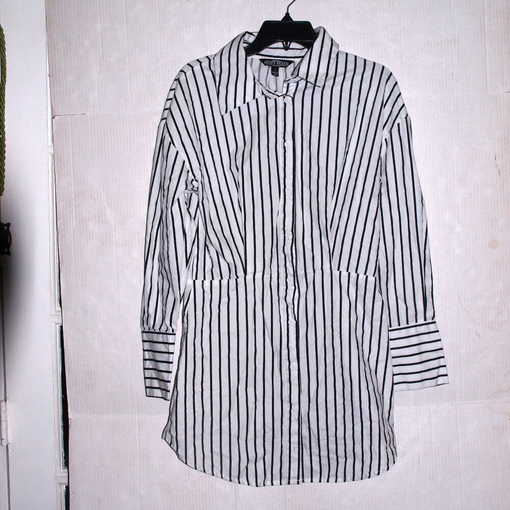 Honey Peach Black And White Stripe Shirt Dress Women Large
